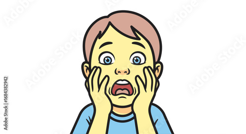 Cartoon boy with a terrified expression holding his face.