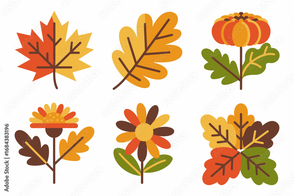 Fototapeta premium Autumn botanical illustration, fall flowers and leaves design, seasonal decorative foliage vector set