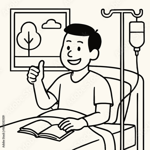 A cheerful patient in a hospital bed, receiving an IV drip, smiles and gives a thumbs up while reading a book, symbolizing recovery and positive health.