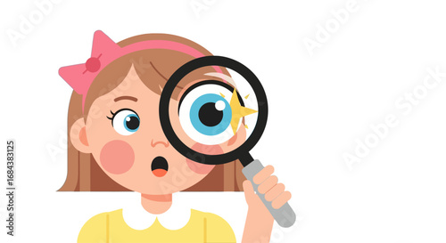 A young girl looking through a magnifying glass at an eye.