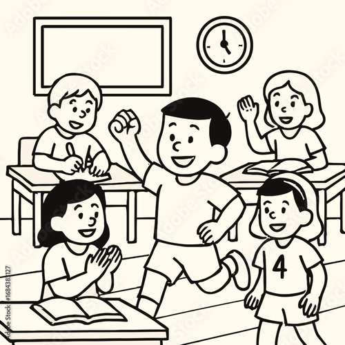 A joyful group of diverse elementary school children actively participating in a positive classroom environment, fostering education and friendship.
