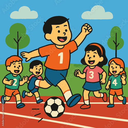 A cheerful group of diverse young children and an adult figure enthusiastically play soccer together on a vibrant outdoor running track under a bright sky.