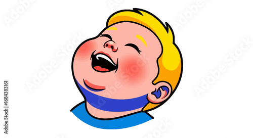 A chubby, happy baby boy laughs with his head tilted back.