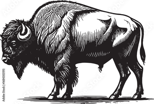 Monochrome Bison Illustration American West Wildlife Symbol Graphic Style Print Animal Image Powerful Creature Black and White