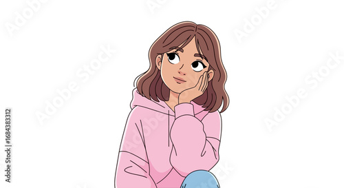 A cute anime girl in a pink hoodie, looking thoughtfully to the side.