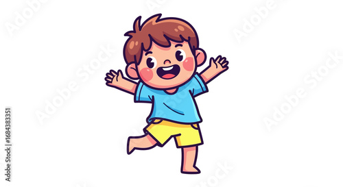 A cheerful cartoon boy with brown hair, smiling happily and running with his arms raised in joy.