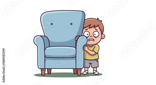 A scared little boy peeking out from behind a large blue armchair, looking anxious and hiding.