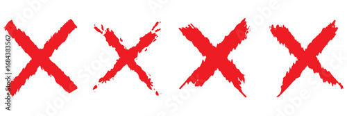 Grunge Hand Drawn X Mark Collection. Cross sign graphic symbol. Set of bold hand drawn X marks with rough brush textures, useful for design, symbols, or grunge style graphic elements. 

