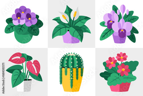 Blooming potted plants and cactus vector set, decorative tropical illustration, colorful houseplant collection, exotic foliage inspiration, floral art design, natural greenery