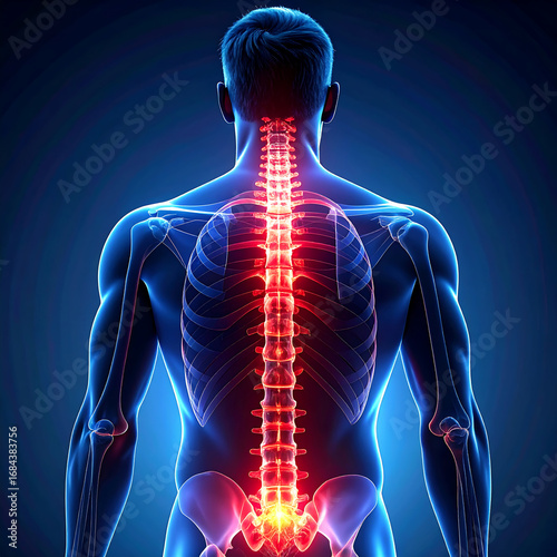 Human spine highlighted in red along back with ribcage and pelvis visible, medical anatomy visualization showing pain and inflammation