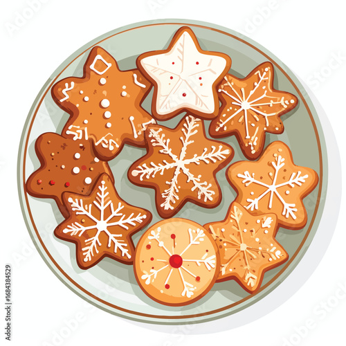 A plate of assorted decorated gingerbread cookies, showcasing various shapes and icing designs.