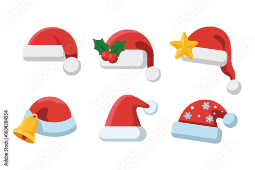 Festive Santa hats vector illustration set, Christmas holiday headwear graphics, winter celebration design, seasonal decoration art, cheerful festive style