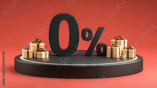 Zero percent discount offer displayed on a podium with gift boxes.