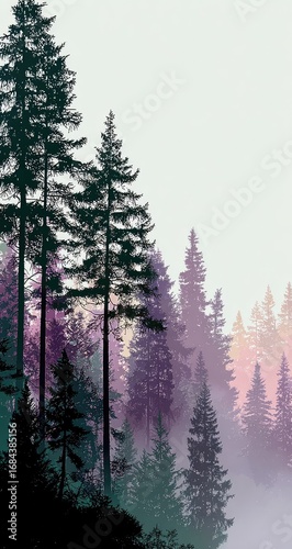 Misty forest scene with tall pines and soft color palette