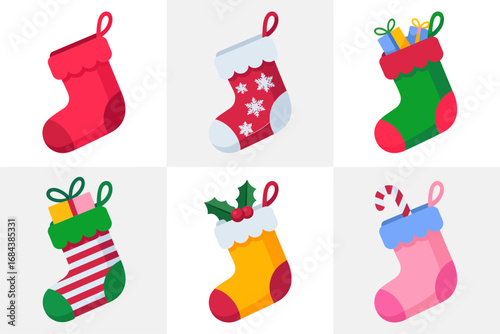 Holiday sock vector collection, Christmas stockings filled with gifts, festive decoration illustrations, cheerful seasonal art, winter celebration graphics, holiday design
