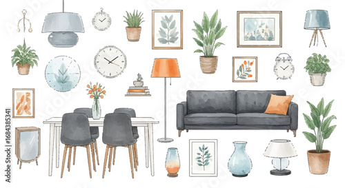 Watercolor Furniture and Home Decor Collection | Cozy Interior Design Elements for Room Planning and Interior Design Mockups