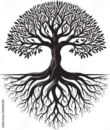 Monochrome Tree of Life Illustration with Intricate Branches and Root System on White Background for Design and Art Projects