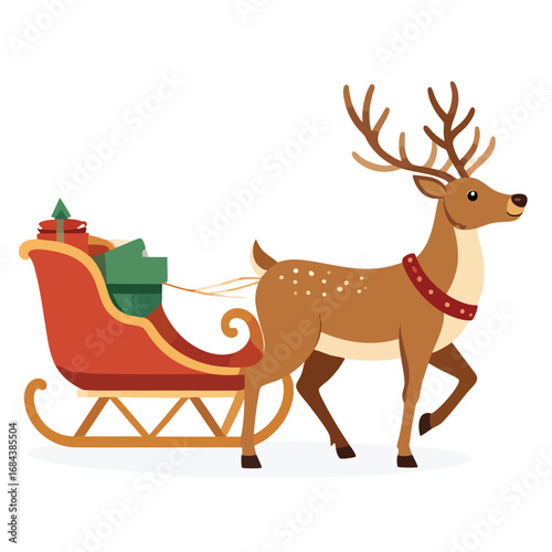 A cheerful reindeer pulls a sleigh laden with Christmas gifts, ready for a festive journey.