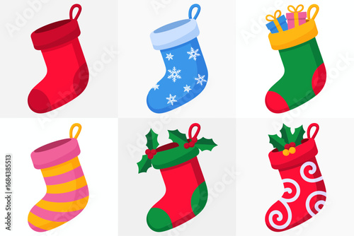 Christmas holiday sock illustration set, festive stockings with presents, cheerful seasonal decoration graphics, holiday celebration art, bright winter design elements