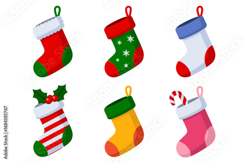 Colorful Christmas stocking collection, decorative sock vectors filled with presents, striped candy cane patterns, festive seasonal illustrations