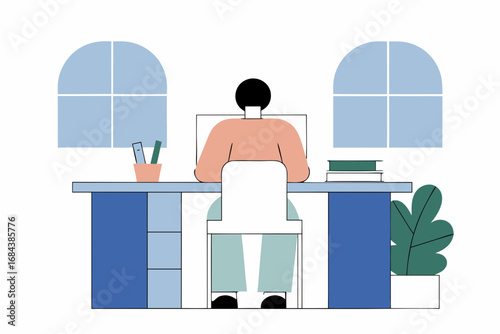 Focused individual working diligently at a desk in a modern, bright workspace with plants and windows