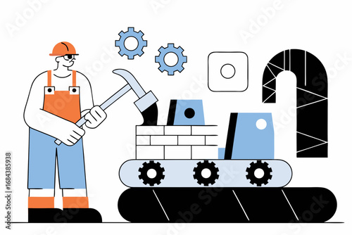 Skilled worker operates conveyor belt system in industrial manufacturing process, creating products