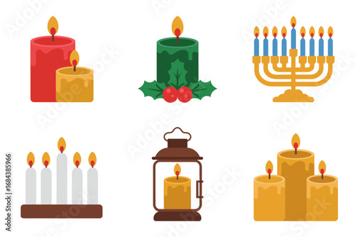 Decorative holiday candle lantern illustrations, warm glowing candle vectors, festive menorah and holly accents, cozy seasonal celebration graphics