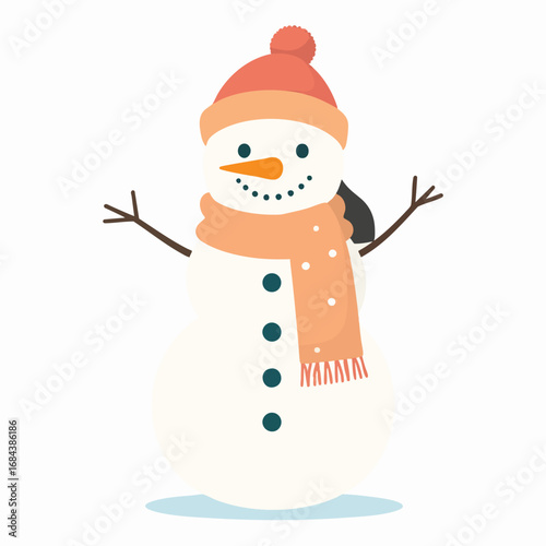 Cartoon snowman with a hat, scarf, carrot nose, and stick arms, isolated on a white background.
