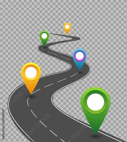 Curved Road with Map Location Pins – Journey and Navigation Concept