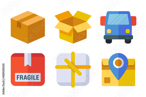 Parcel and fragile icons with delivery design, cardboard box and courier truck illustration, location pin and shipping graphics, logistics vector set
