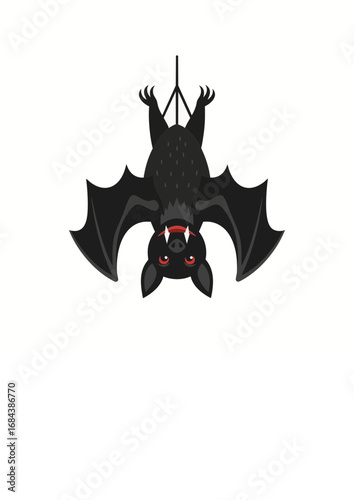 Isolated vector illustration of a scary black vampire bat hanging upside down, a creepy nocturnal animal symbol for Halloween celebrations