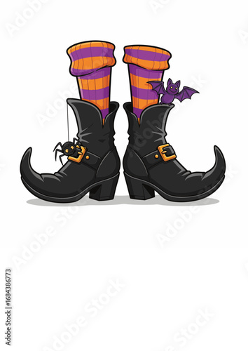 Spooky Halloween witch's feet wearing classic pointed black boots and colorful striped stockings, adorned with a creepy spider and a small bat