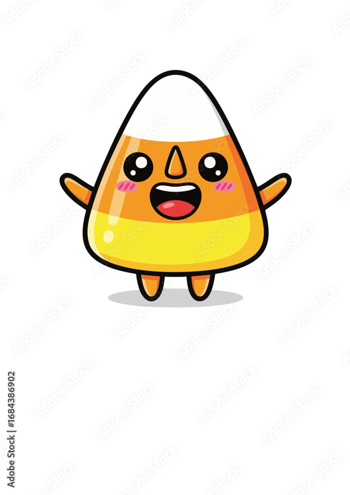 Obraz premium Cute candy corn character with a happy smiling face, a cheerful kawaii mascot illustration for Halloween treats and autumn sweets