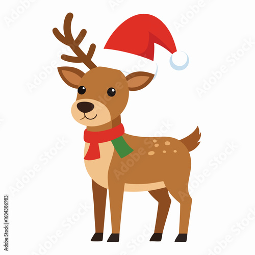 Cartoon reindeer wearing a Santa hat and scarf, a festive holiday illustration.