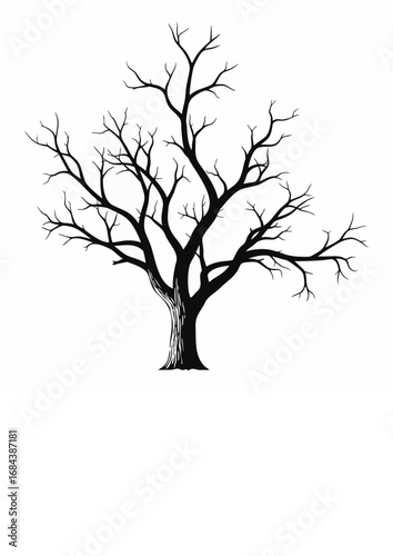 Monochrome graphic illustration of a solitary leafless tree silhouette. The stark, sprawling branches create a "feeling of winter solitude and natural complexity"