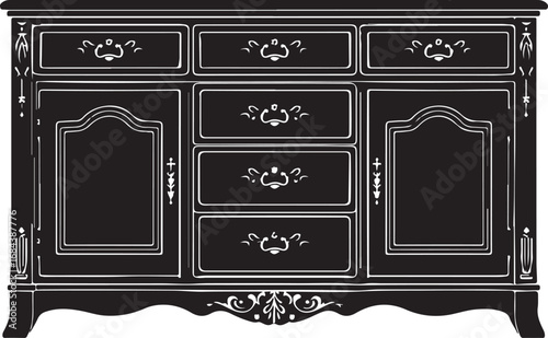 Ornate Black and White Dresser with Drawers and Cabinets Vintage Style Furniture Home Decor Illustration Interior Design