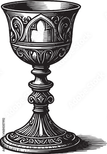 Ornate Goblet Illustration in Black and White Vintage Style Graphic Design Element
