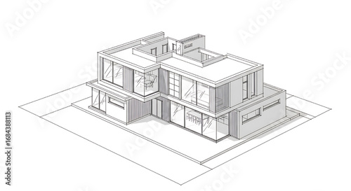 An architectural 3D sketch of a modern house, showing its volume and form.