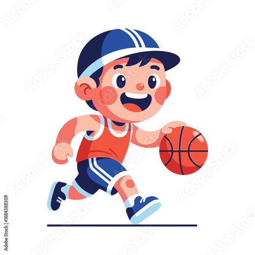 Boy dribbles basketball on white surface with focused expression, showcasing skill and athleticism in a dynamic, energetic scene.
