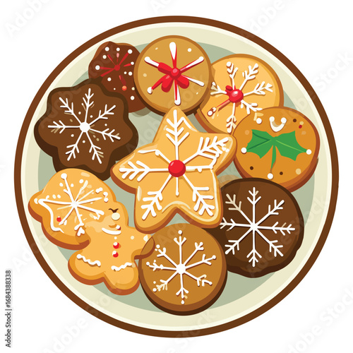 Assorted Christmas cookies with festive decorations arranged on a plate, including snowflakes, a star, and a gingerbread man.