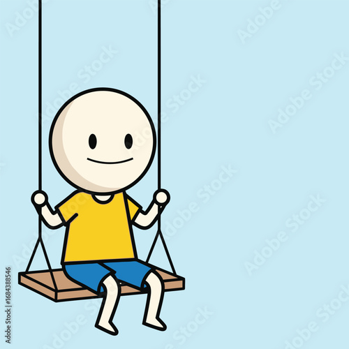 Cartoon character swinging happily on a wooden swing against a light blue backdrop, conveying a sense of childhood joy and carefree fun.