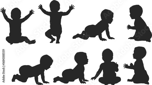 Assortment of baby silhouettes showing different activities and developmental stages child