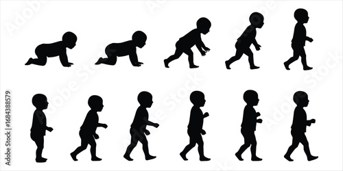 Baby development progression from crawling to walking silhouettes on white background vector illustration