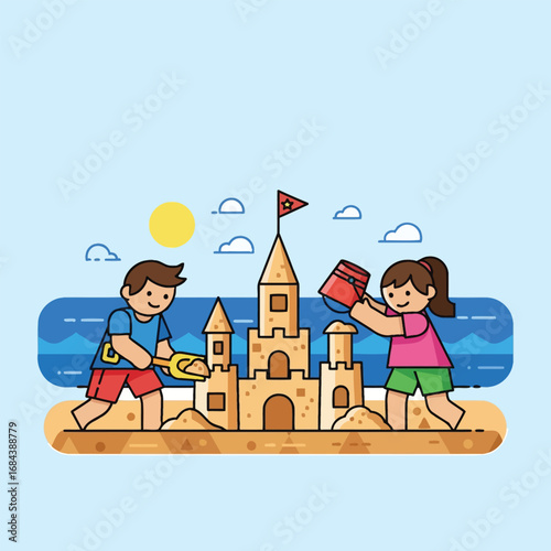 Children building sandcastle on sunny beach during summer vacation, creating a fun and playful scene of childhood joy.