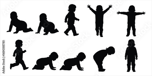 Baby's developmental progression from crawling to walking and standing silhouettes child