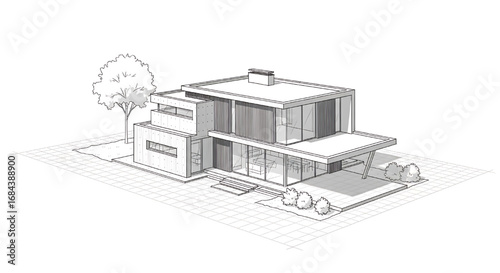 A simple 3D line art illustration of a modern, multi-level house.