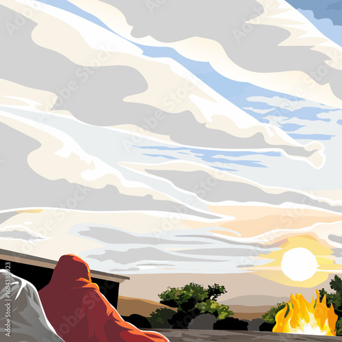 Illustration of a landscape with mountains, clouds, and sunset with a bonfire and a building with a blanket on the ground