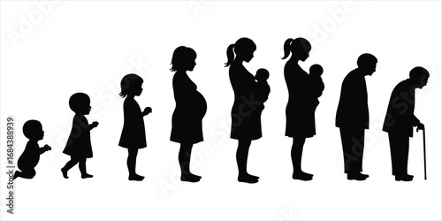 Black silhouettes showing human life stages from baby to elderly on white background Keywords: life