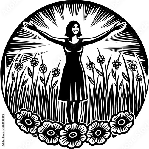Vector art of a joyful woman stands in a field of flowers with arms outstretched, basking in the sunlight and embracing freedom