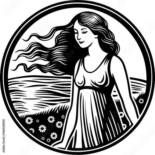 Vector art of a serene woman with flowing hair stands amidst a field of daisies, embodying peace and natural beauty